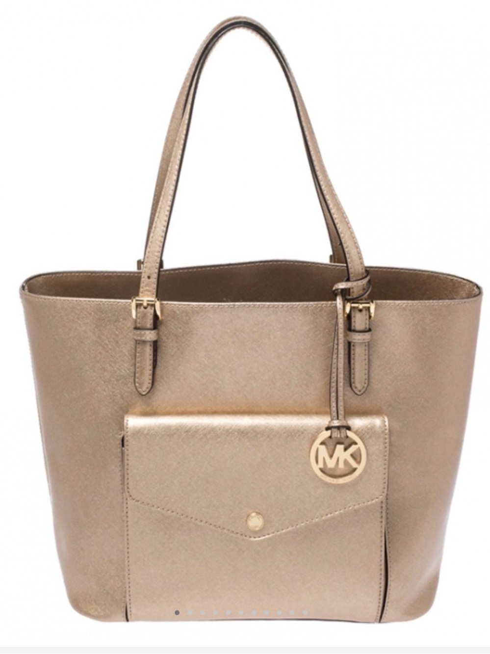 Michael Kors Metallic Gold Tote w/ Frt Pocket, MK Charm, Saffiano Lthr Like New